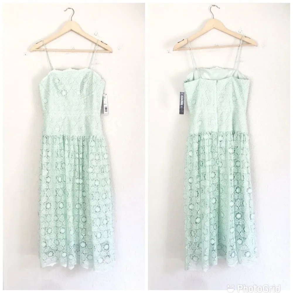 GIANNI BINI Mint Green Lace Midi Dress Cocktail Spaghetti Strap‎ Size 2 New